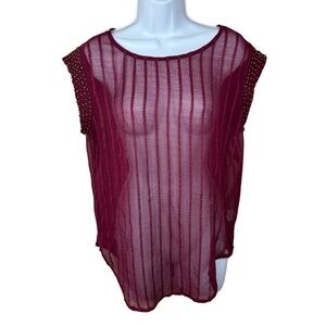 Large MNK Burgundy Red Sheer Blouse Beaded Accent Cap Sleeve Boat Neck